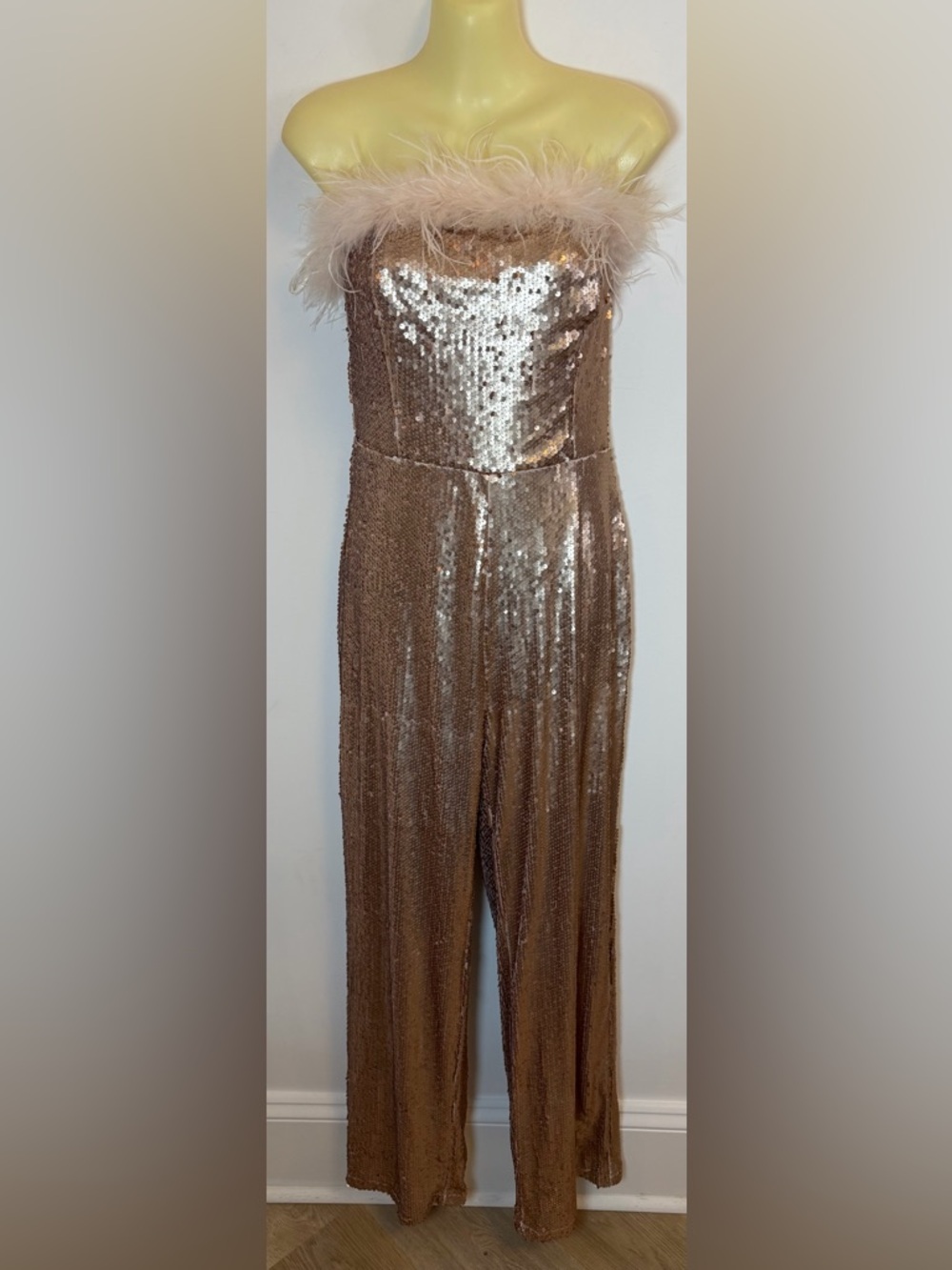 NWT LENA Strapless Sequin Wide-Leg Jumpsuit with Feather Trim - Rose Gold